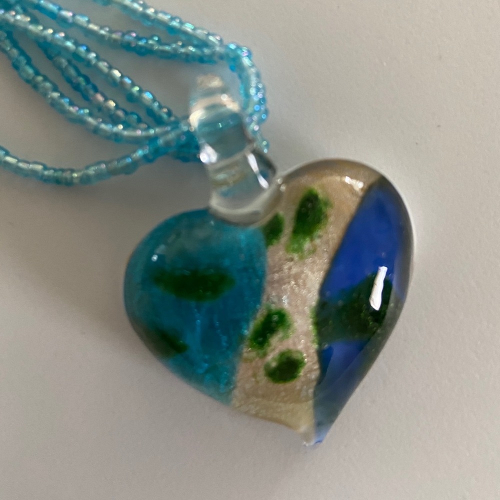 Beautiful glass heart necklace in shades of blue